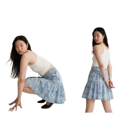 Madewell Pull-On Ruffled Mini Skirt in Indigo Floral Preppy Boho Cottage Size SM - Picture 2 of 7